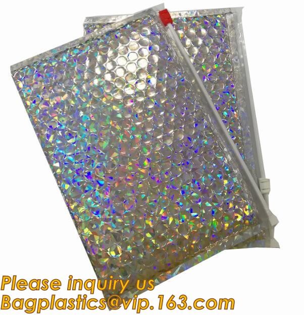 Cosmetic Pink Slider Padded Bag/Holographic k Bag With Bubble,Holographic Metallic Zipper Bubble Bag/Slider Padded