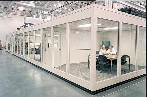Modular cleanroom installation showing advanced filtration system and structural components