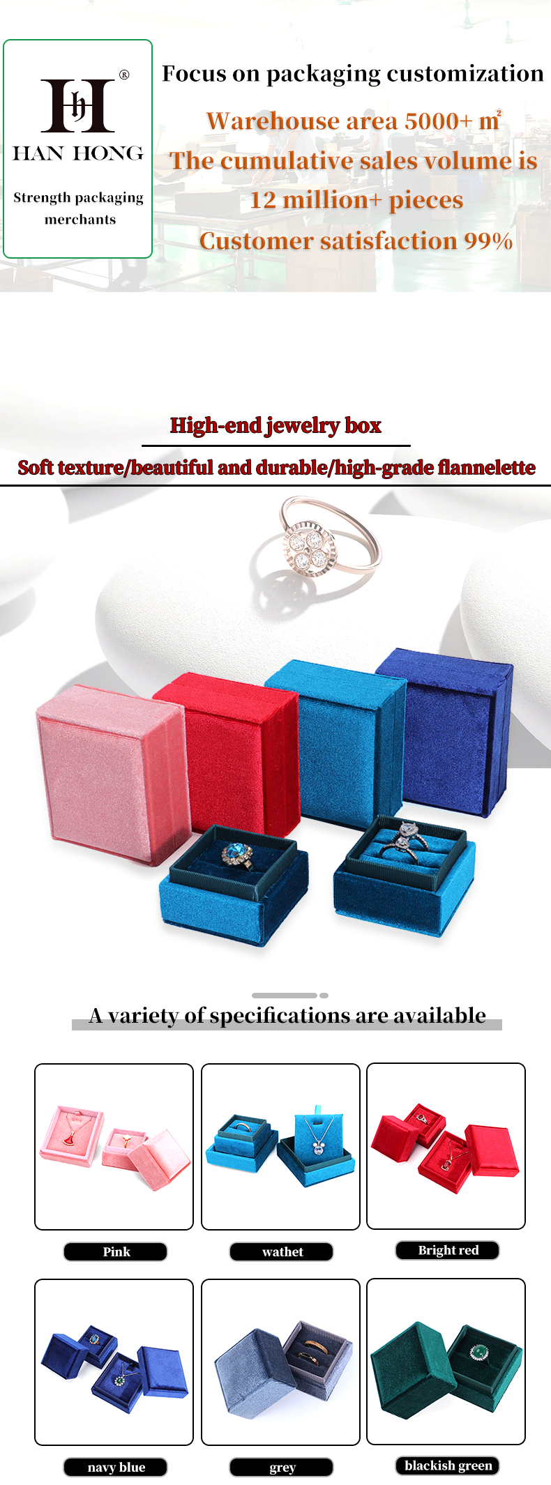 Light Blue Square Ring Storage Box for Customized Size Velvet Jewelry Display in Velvet
