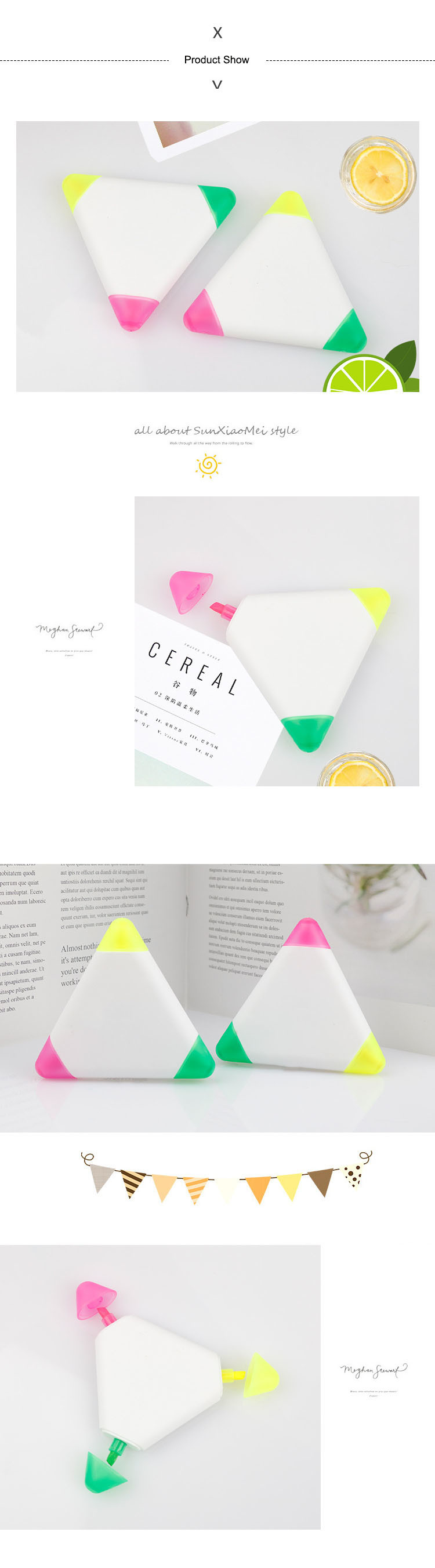 Kids Cute Triangle Highlighter Pen 3 Color In 1 Brush Tip Fluorescent Marker Pen