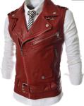 Red Waterproof Side Zipper Mens Leather Biker Vest For Winter Trendy Design