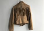 Dark Brown Suede Ladies PU Jacket Belted Jacket Womens Macrame Decorated