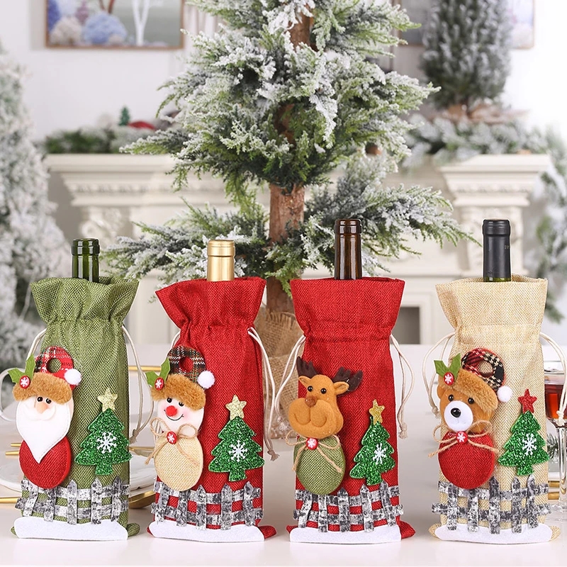 Factory OEM Christmas Wine Bottle Covers Bag for Home Santa Claus Wine Bottle Cover Snowman Stocking Gift Holders