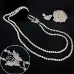 White Shell Pearl Double Strands Sweater Necklace with Cubic Zirocnia Butterfly