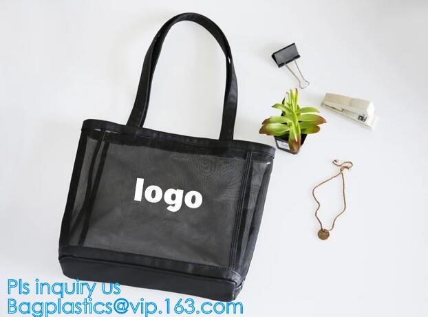 Fashionable Beach Bag Outdoor Tote Bag Black Mesh Handbags, Customized women beach bag, ladies mesh beach bags handbag