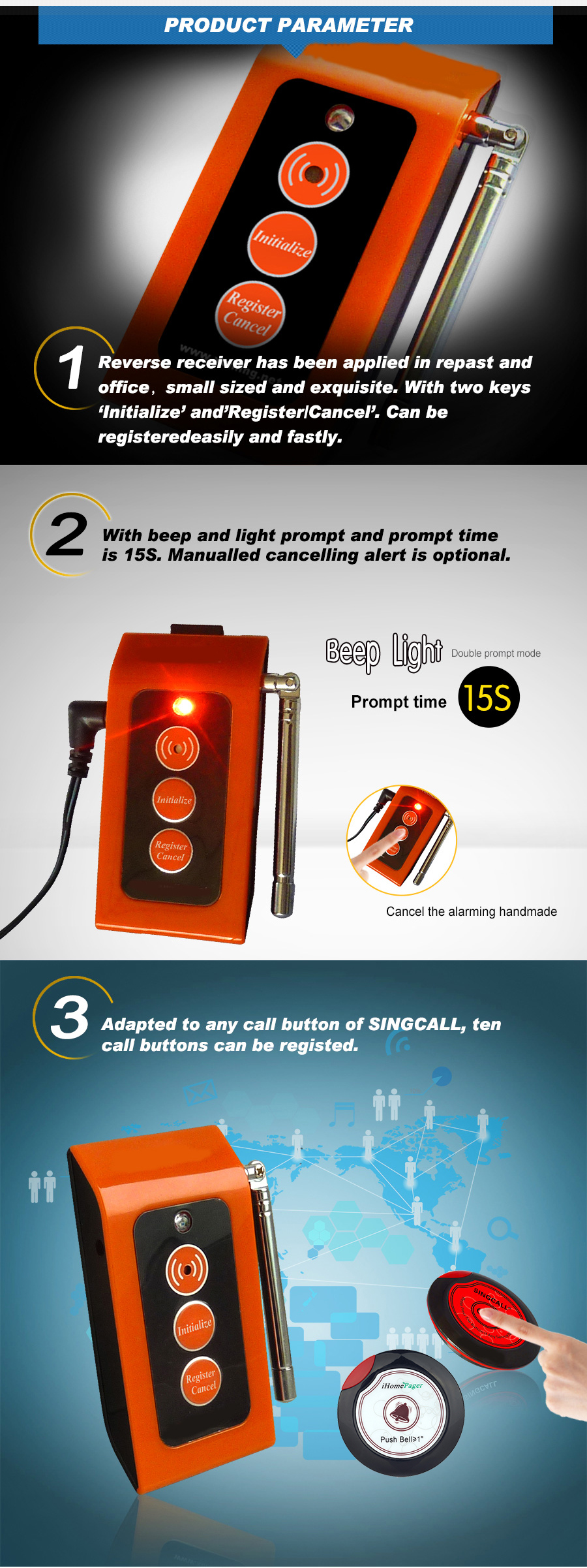 Wireless family ultra long accept distance emergency alarming bell with super thin call button