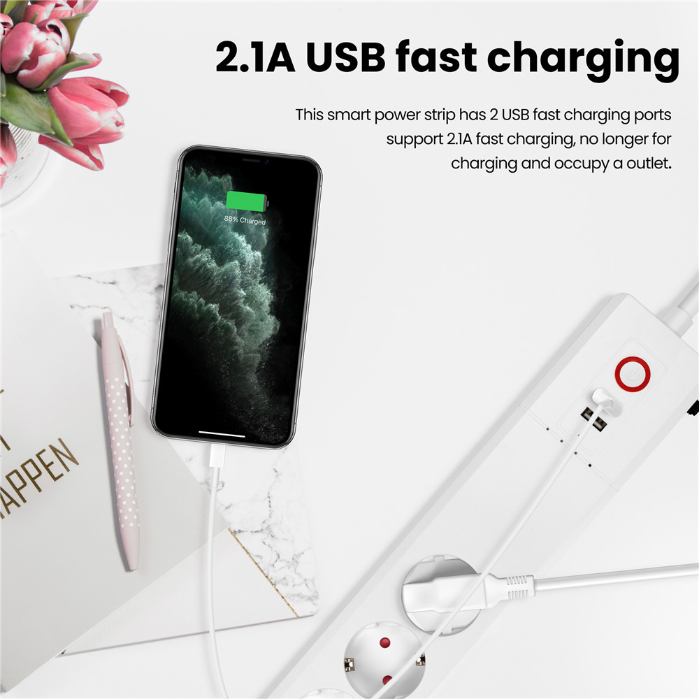 For Tuya Smart Life App Controlled Protector Eu Standard Smart Wifi Power Strip 16A With Power Consumption