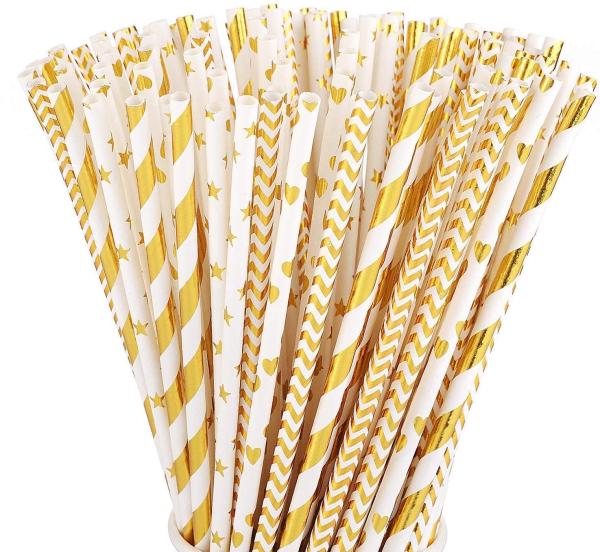 Buy cheap 7.75 Inches Biodegradable Gold Striped Star Wave Heart Paper Straws from wholesalers