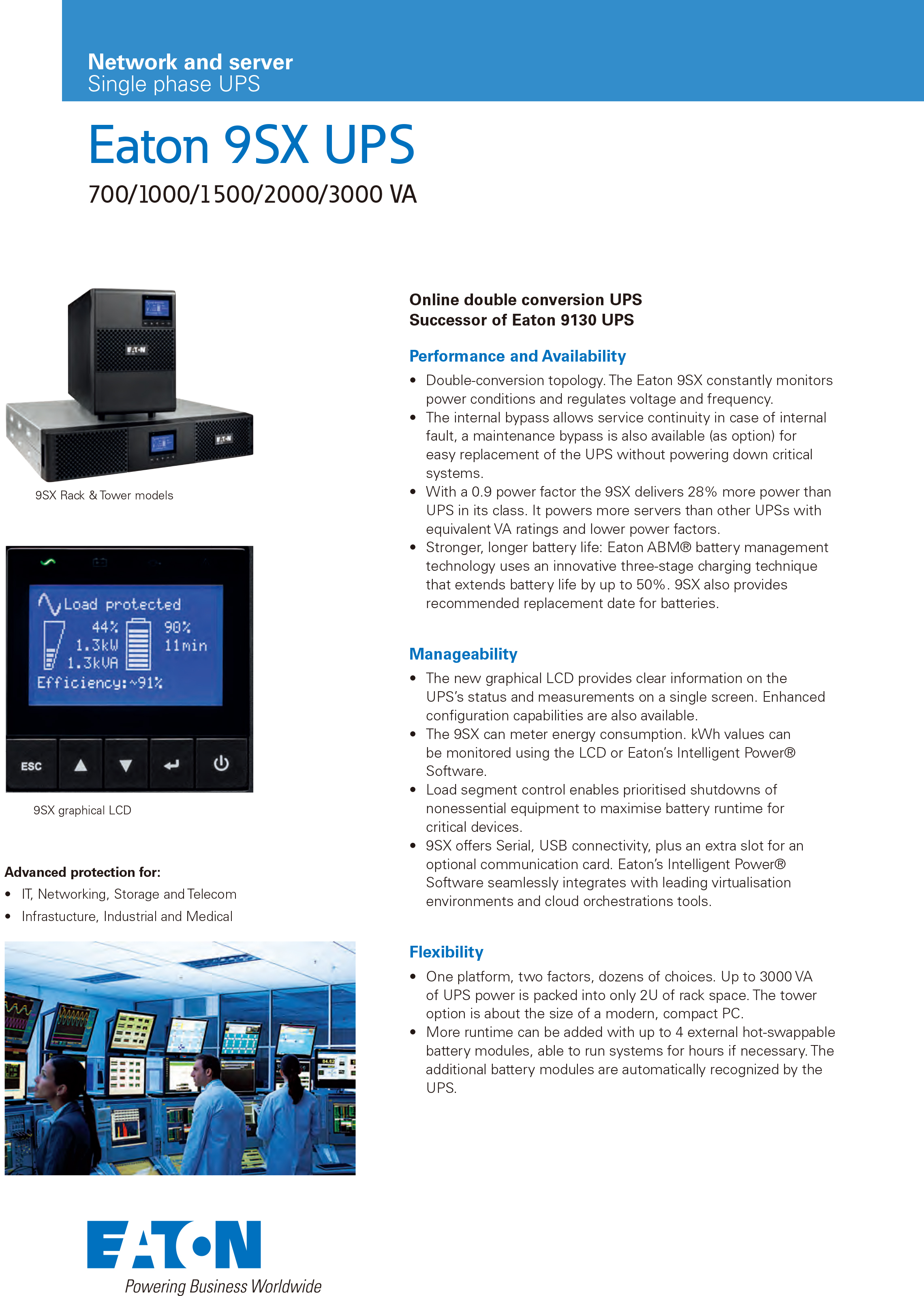 Tower Form Factor Eaton 9SX Online UPS 2KVA 220V/230V/240V For Security/Monitoring/Alarm