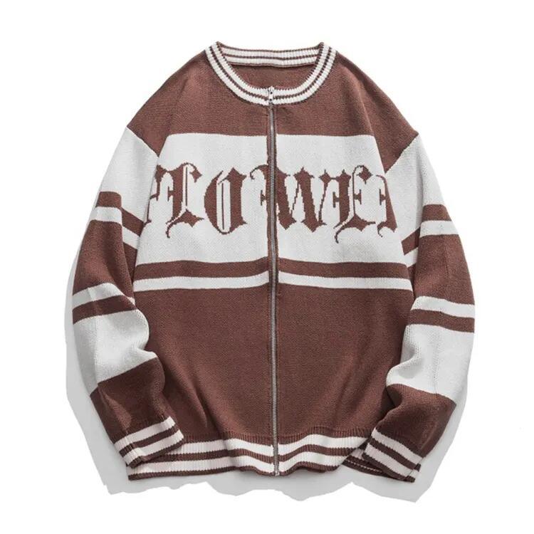 Men′s Knitted Zipper Cardigan Partial Jacquard Letter Craft Pocket Long Sleeve Knitted Coat Sweaters
