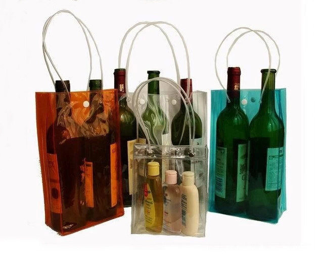 Water Resistant Plastic PVC Wine Bag , Wine Bottle Ice Bags Cooler With Tube Handles