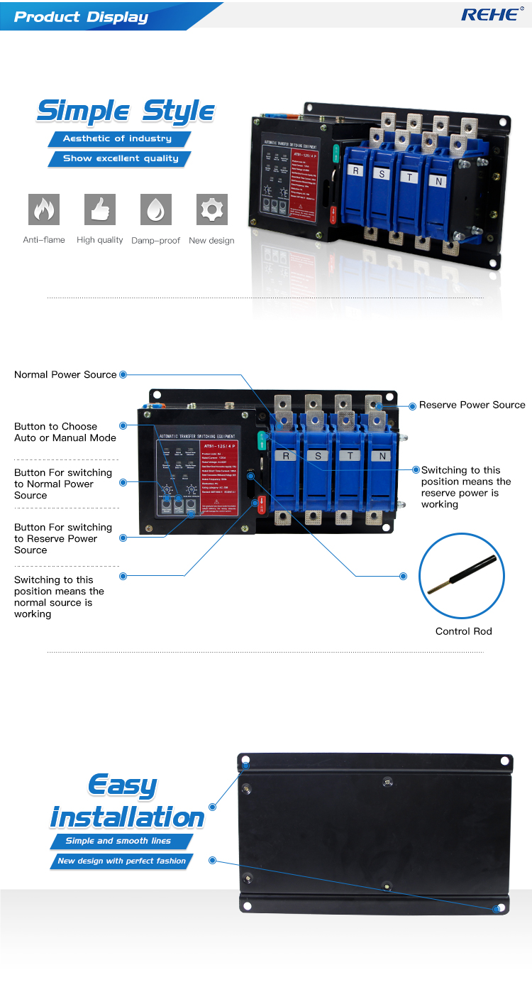 ATSNA Series 16-125A 4P Dual Power Automatic Transfer Switch Line For Emergency Power