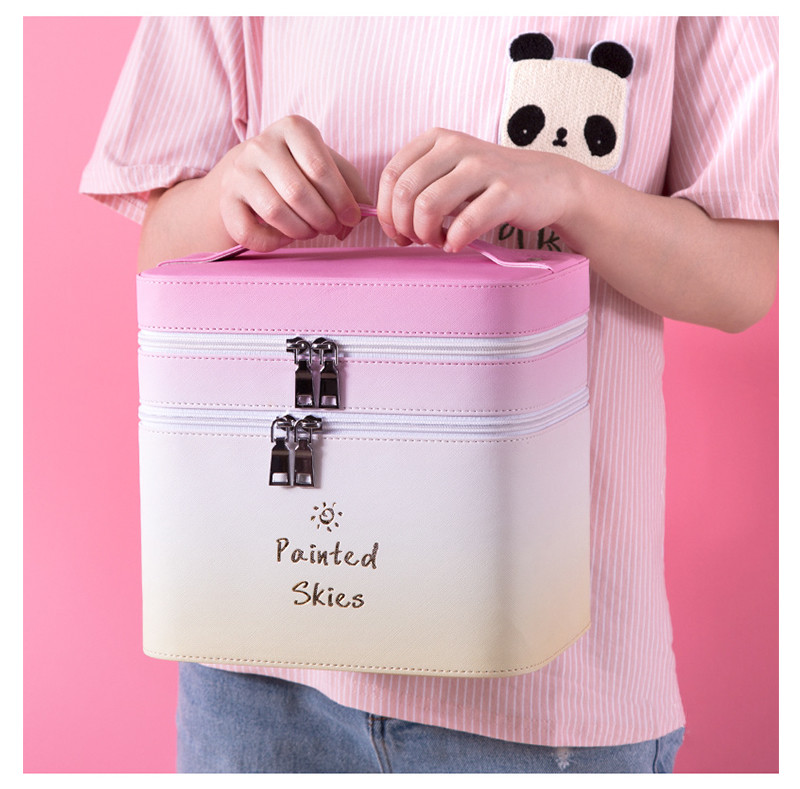 Debossed Logo PU Leather Travel Double Layers Cosmetic Makeup Bag Case