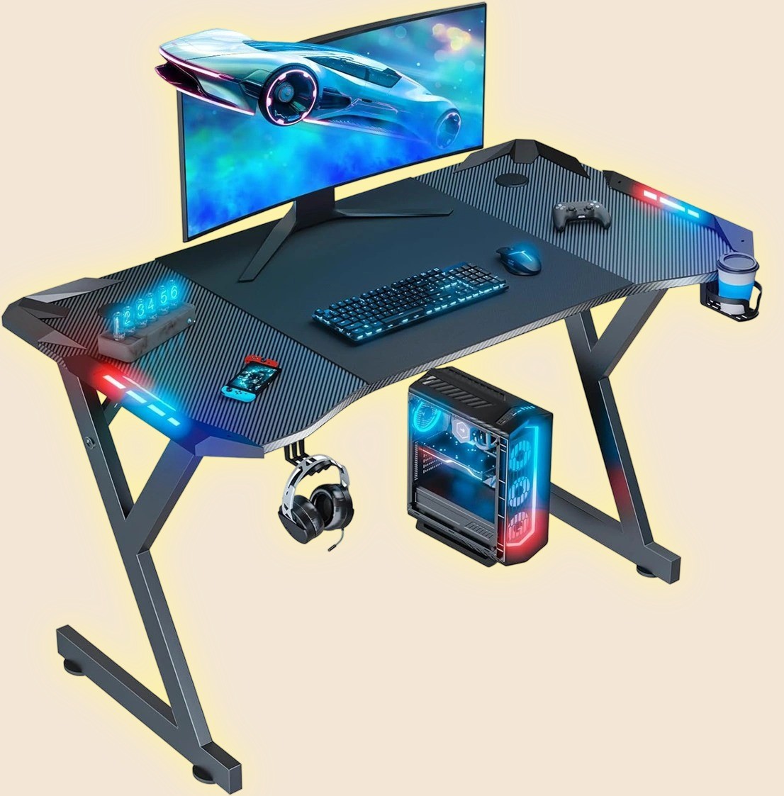 Ergonomically Designed 1.2cm Particle Board And Carbon Fiber Cover Gaming Desk With Holders Featuring Cup And Headset Holders