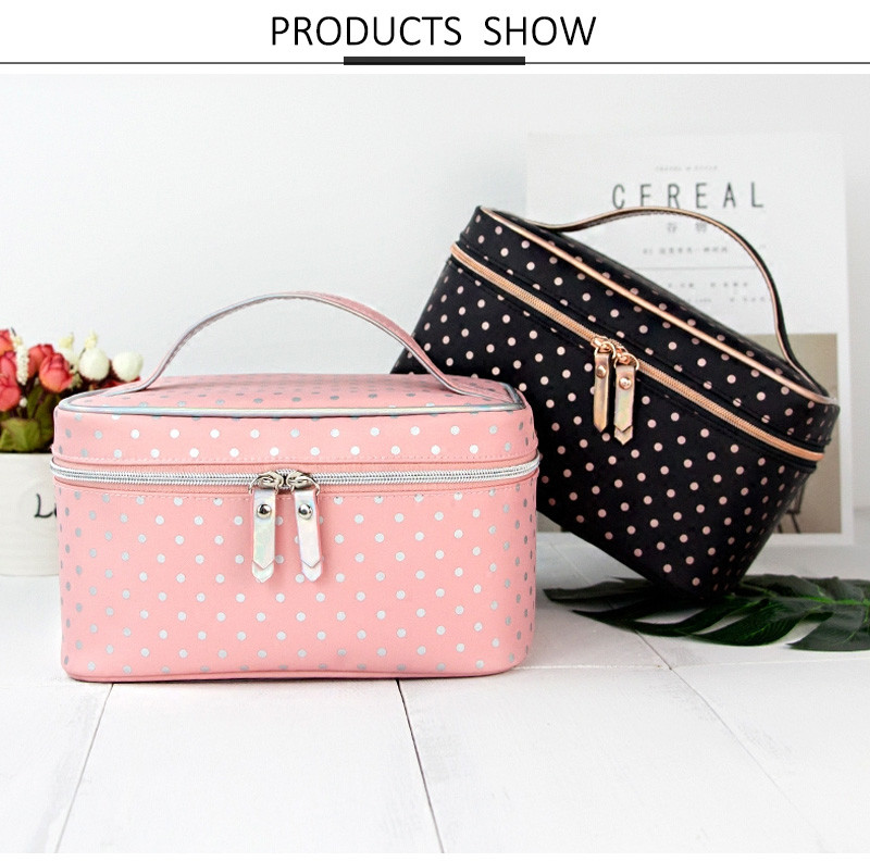 Large Capacity Dot Pattern Double Zipper Waterproof Cosmetic Tote Bag