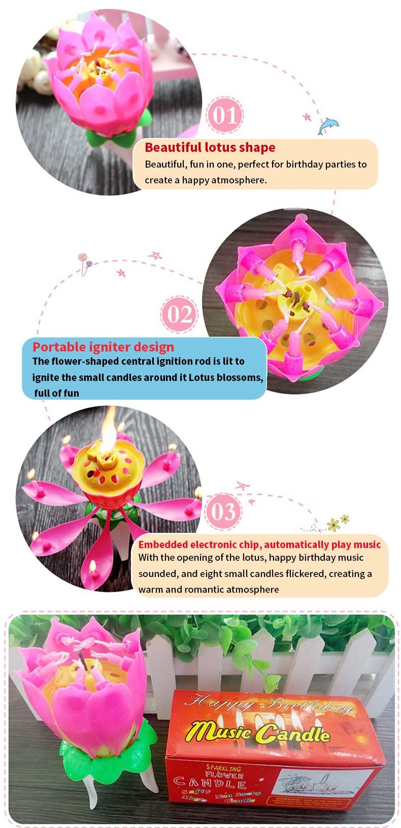 Multi-Colored Flower Shaped Firework Birthday Cake Candles Spinning Musical Birthday Cake Candle