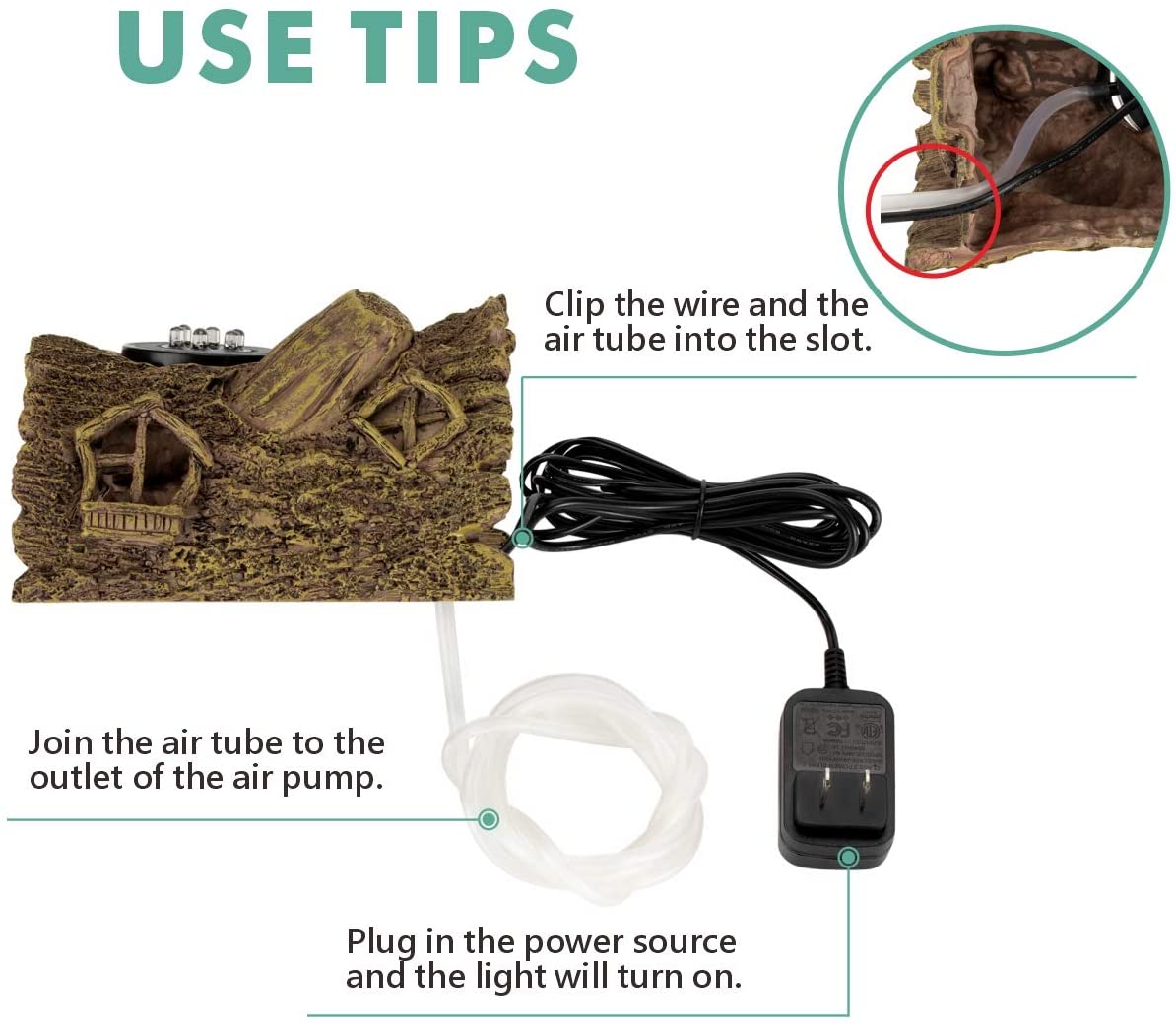 9.5FT Cord Aquarium Air Stone 1.2W Ornament Natural Landscaping
