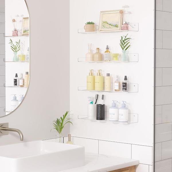 4 Pack Clear Acrylic Floating Bookshelf Bathroom Acrylic Storage Shelf