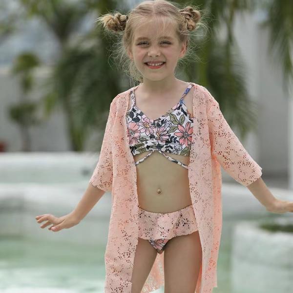 Buy cheap Split Girls Swimming Suits Pink Printed Children'S Swimsuit Lace Shawl Three Piece Bikini from wholesalers