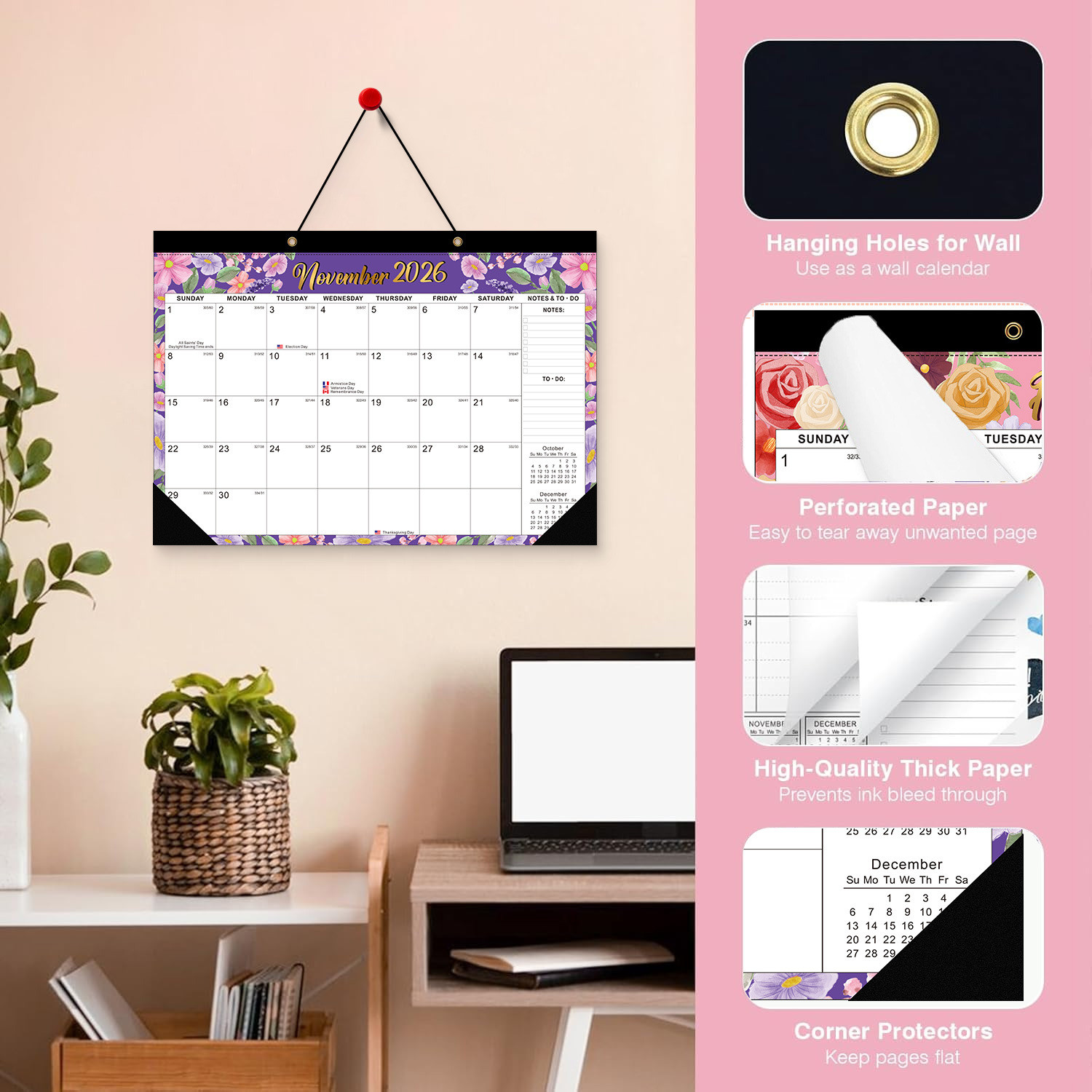 End Month December Custom Wall Calendar in Retangle Design Glossy Paper Type