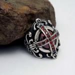 Men's Vintage Old Silver Plated Titanium Stainless Steel Ring Red Cubic Zircon
