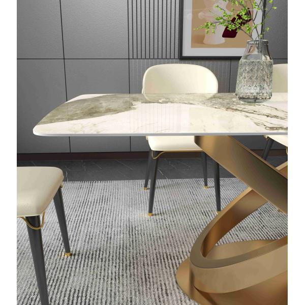 White Rectangular Stone Dining Table Chair Sets Bronze Pedestals