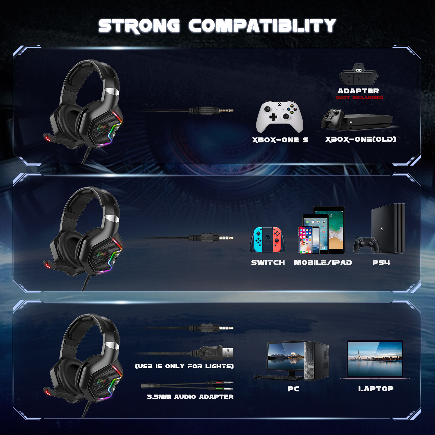 FCC 2.2m Wire Ps4 Gaming Headset 100mA Onikuma K10 Pro For Gamer