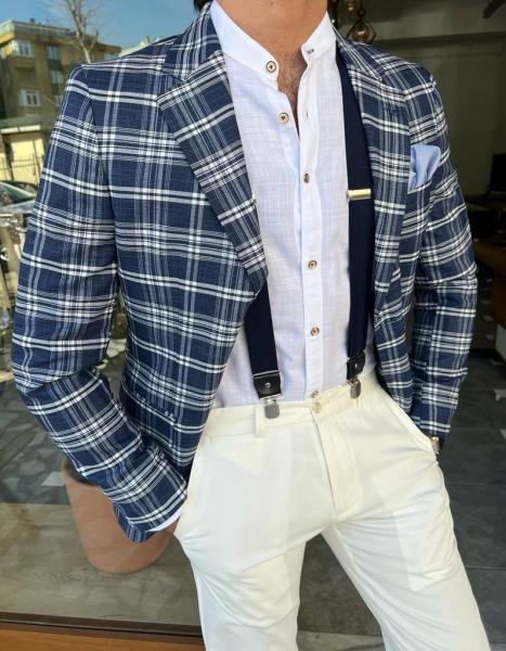 Buy cheap 65% Viscose 32% Pes 3% Elastane Male Suit Jacket Dark Blue Plaid Blazer from wholesalers