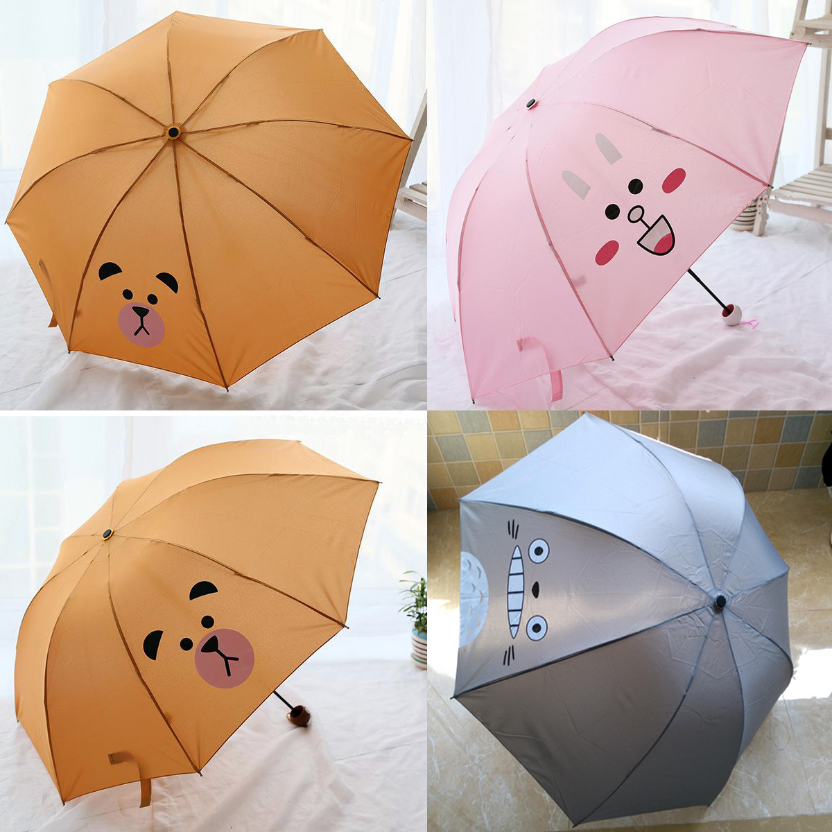 Adorable Kids Folding Umbrella With Cartoon Rubber Handle