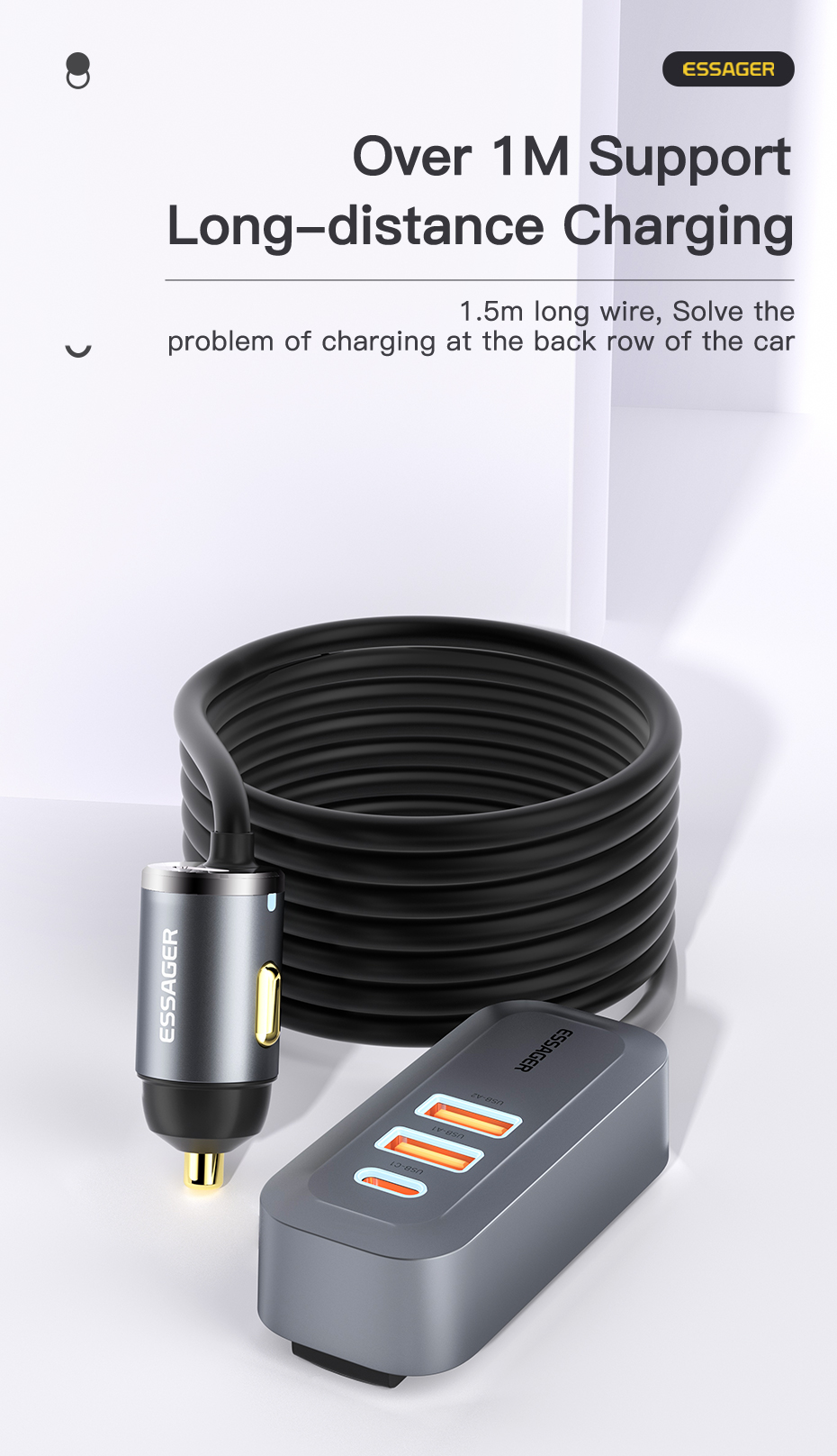 Essager 2022 Doution Car Back Row Expansion 1.5m Grey 100W Fast Charging Car Charger (2USB+2Type-C)