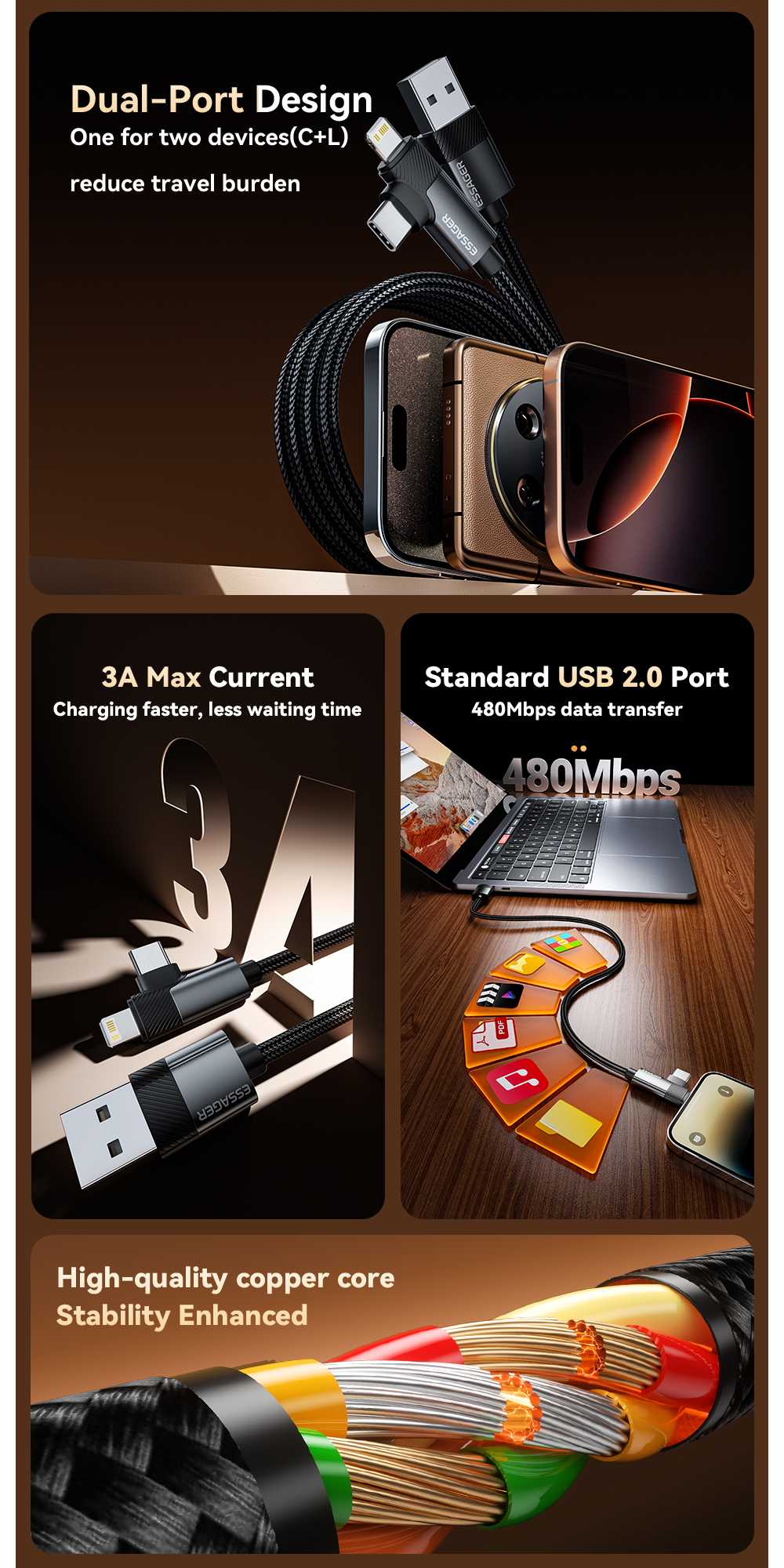 ESSAGER ES-X59 Series 2 in 1 USB-A to USB C Lighting Charging Cable