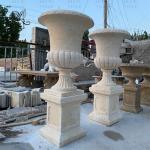 Beige Marble Flowerpot Natural Stone Travertine Vase Planter Classic Garden