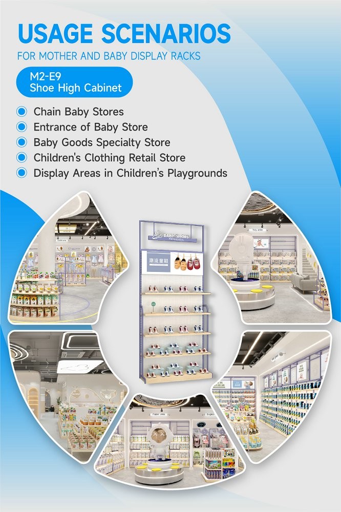 M2-E9 Children's Clothing Retail Store Shoe Cabinet with Porcelain White Acrylic Letters and Adjustable Shelves
