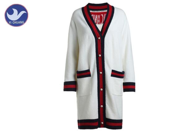 Buy cheap White Women'S Button Down Cardigan Sweaters , Long Oversized Knit Cardigan Lurex Stripes Trims from wholesalers