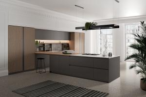 Wholesale T Shaped Classic Wood Kitchen Cabinets Tailored Kitchen Set With Dining Bar from china suppliers