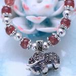 Women 6mm Strawberry Quartz Beads 3 Rows Strand Bracelet with Silver Charm