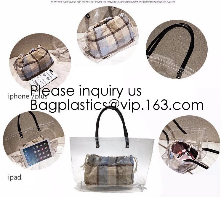Vinyl Transparent PVC Gusset Bag Plastic Tote Shopping Bag For Packaging TPU Laser Makeup Handbag PVC Cosmetic Shopping