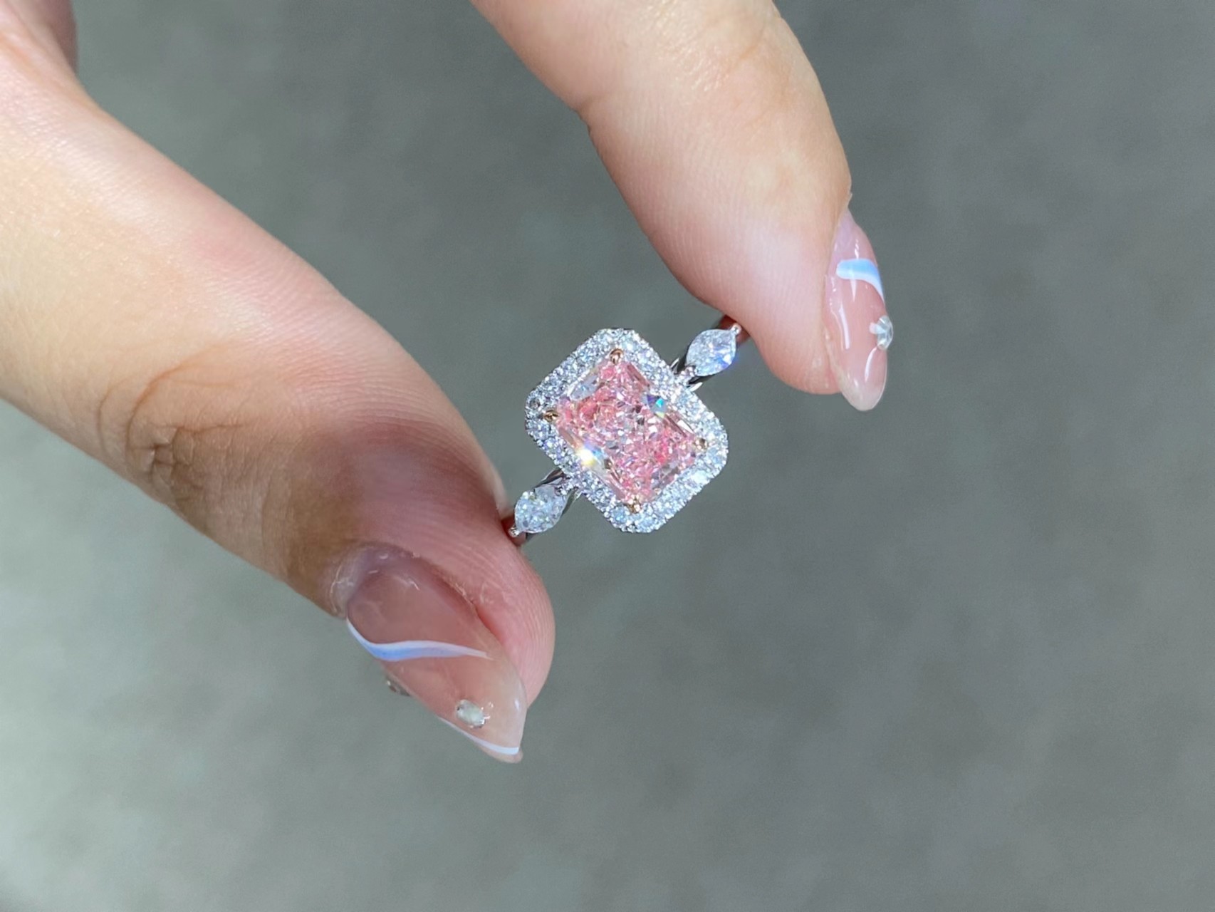 1.31ct Pink Lab Created Diamond Rings Radiant Shape IGI Certified 18k White Gold Ring
