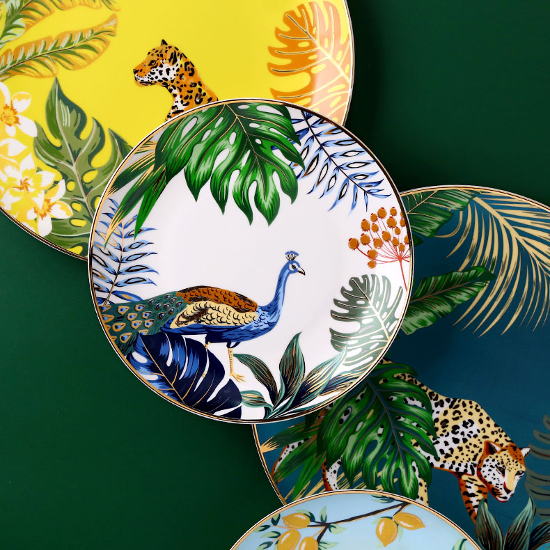 Jungle Animal Pattern Ceramic Plate Set Round European Style For Home Party