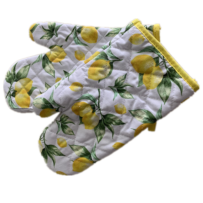 Cute Lemon Printed Oven Mitts Heat Resistant Fabric Microwave Kitchen Gloves
