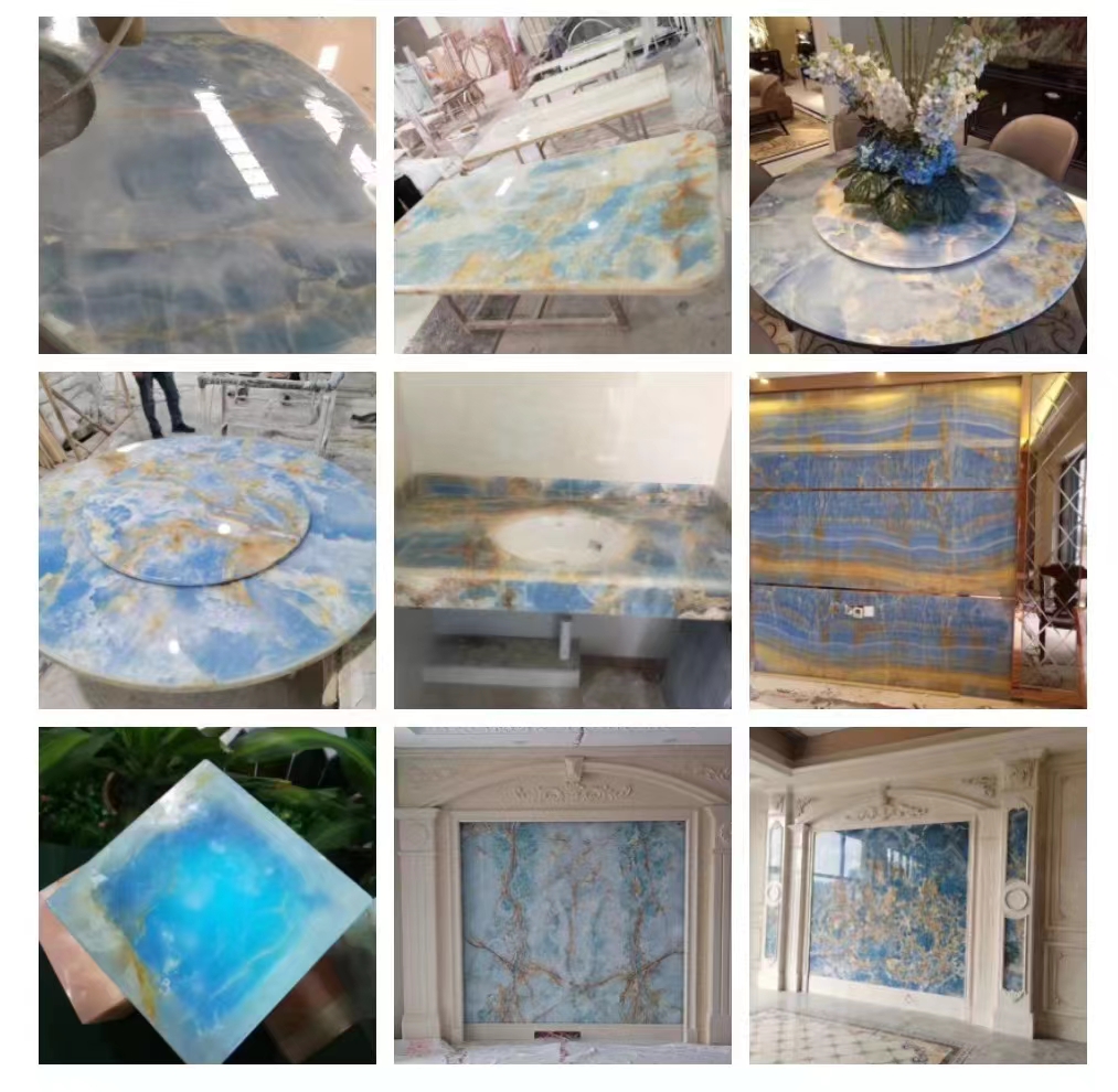 Blue Golden Onyx Stone Slabs Natural Translucent Marble for TV Background Wall Panels