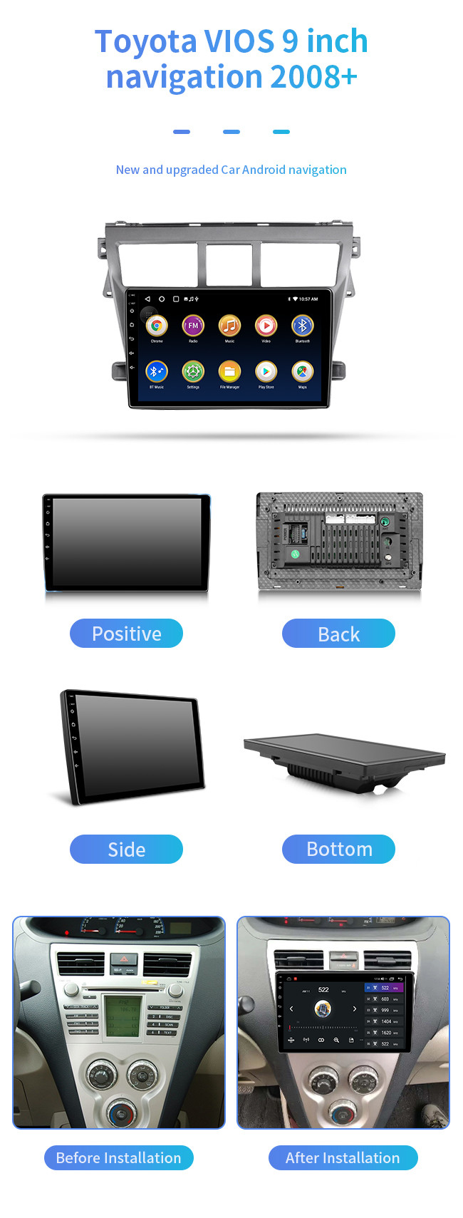 HD Large Screen Car Touch Screen Radio With Navigation 8 Core 9 Inch For Toyota VIOS 2008+