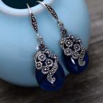 Women Retro Sterling 925 Silver Synthetic Sapphire Marcasite Drop Earrings