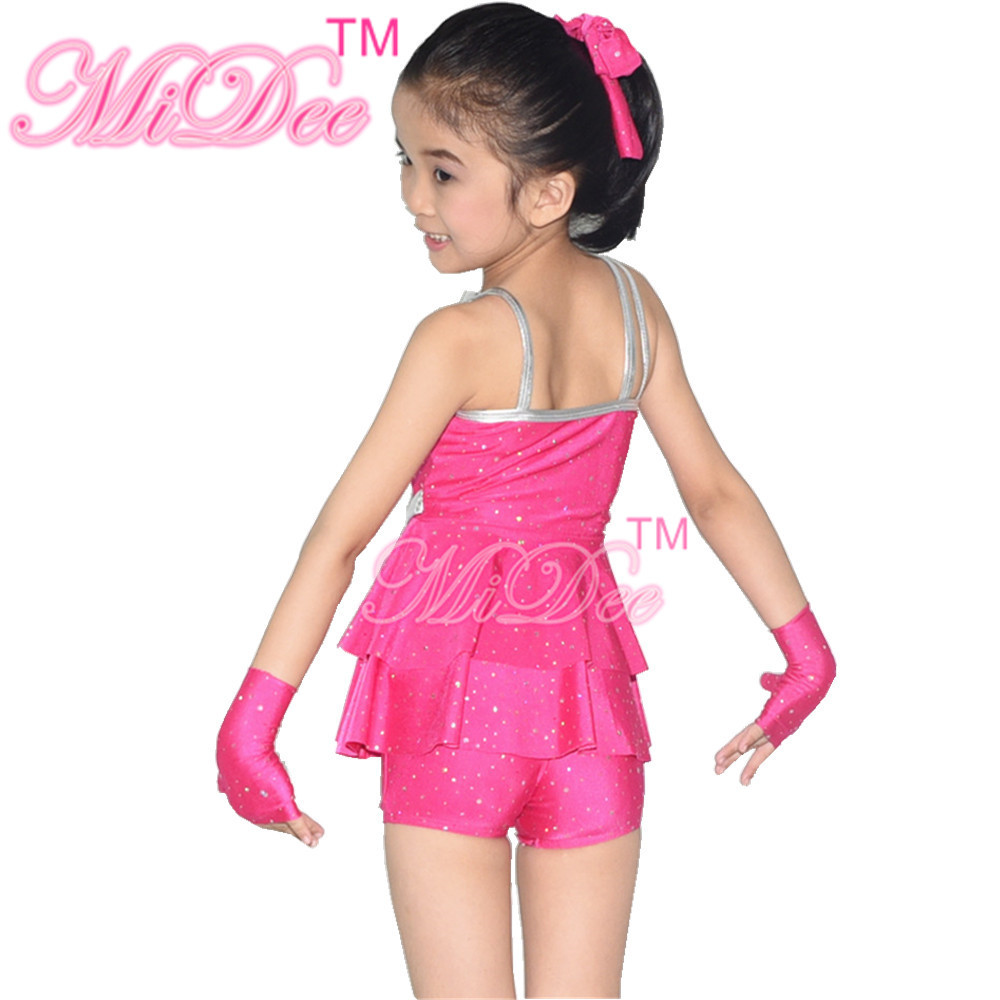 Diagonal Neck Kids Dance Costumes Pink Blue Red Confetti Spandex Outfits