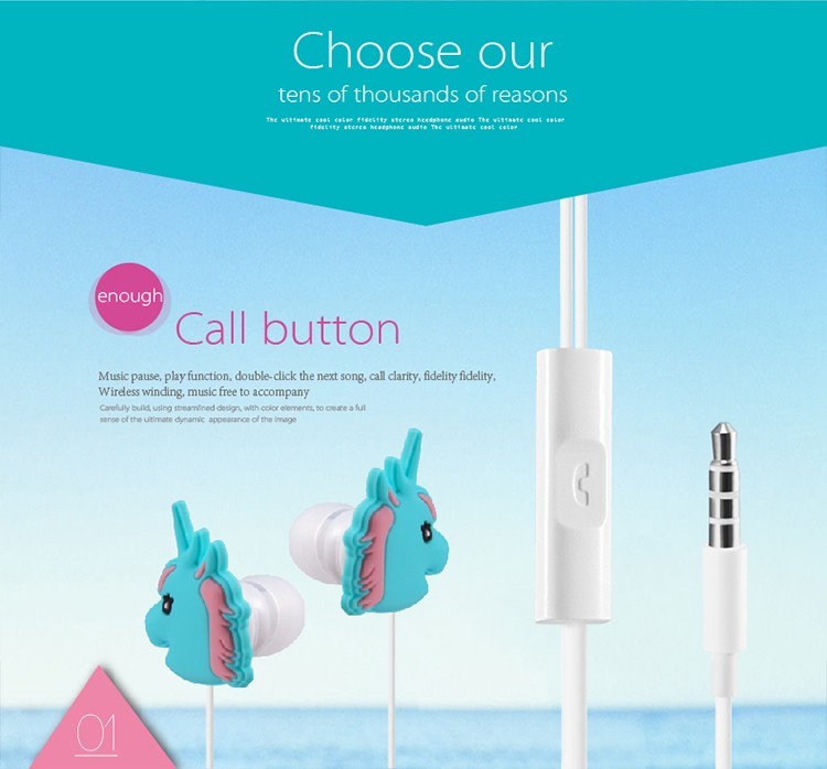PVC Customized Promotional Gifts Cartoon Unicorn Earphone Wired Stereo Animal Shaped