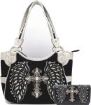 WESTERN STYLE RHINESTONE CROSS STUDDED LASER CUT WINGS TOOLED LEATHER PURSE