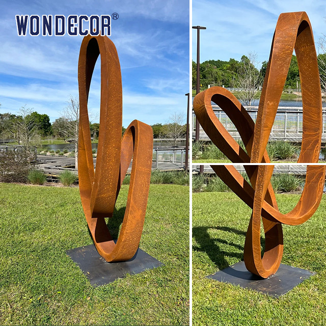 Modern Large Outdoor Abstract Ring Ribbon Weathering Steel Sculpture