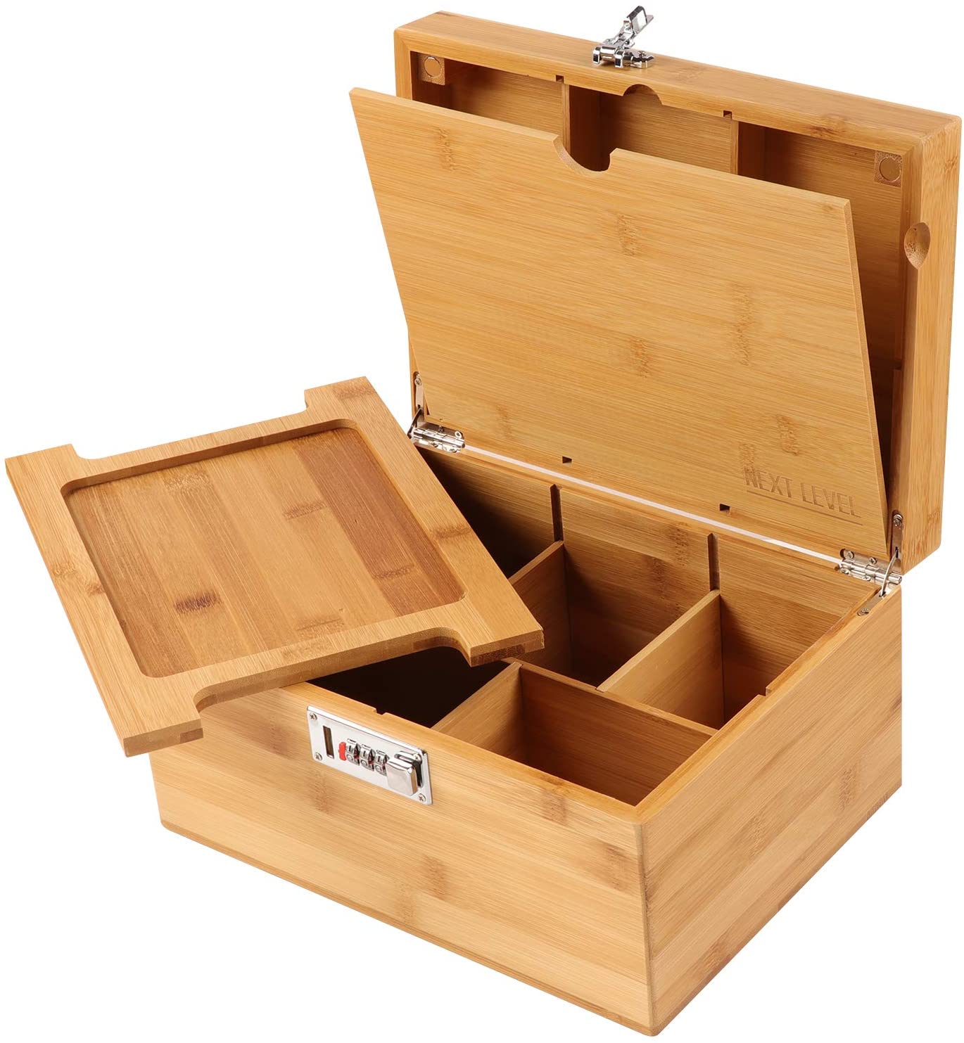bamboo Stash Box with Rolling Tray for Herbs and Accessories Store Grinders Papers Portable Organizer with Dividers
