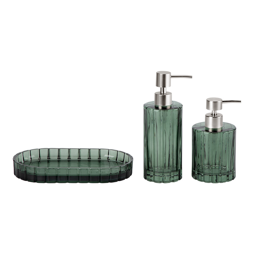 Ribbed Glass Bathroom Accessories 3pcs Set Green Color With Vertical Stripe Silver Mat Pump Head Parts