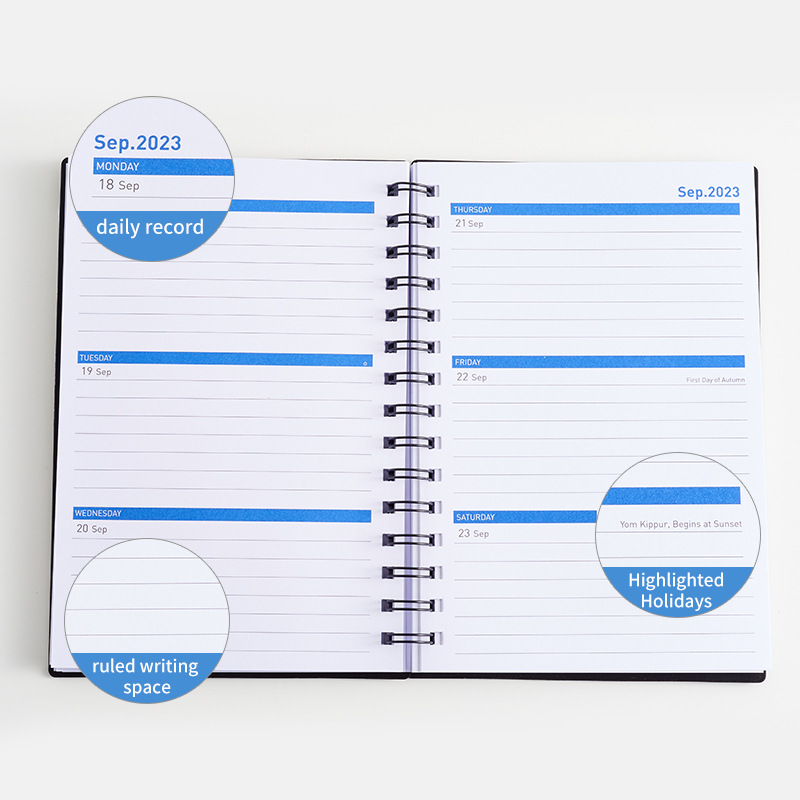 Customizable A5 Black Daily Planner Spiral Bound Notebook with Customized Logo and Size